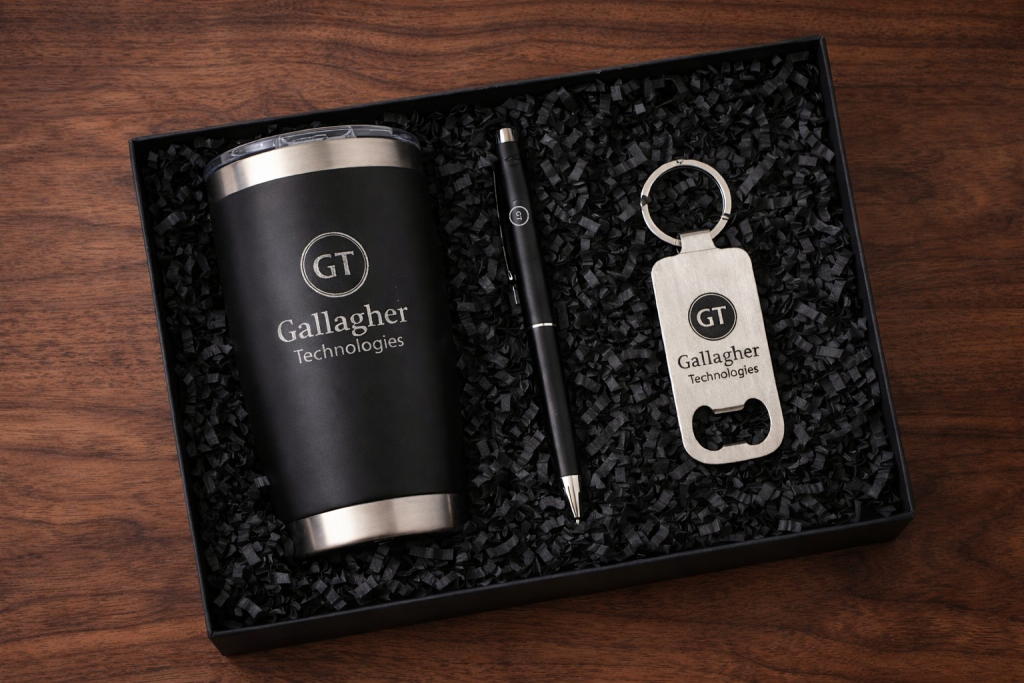 Custom engraved tumbler engraved pen and engraved bottle opener keychain for corporate gifting in Turlock California