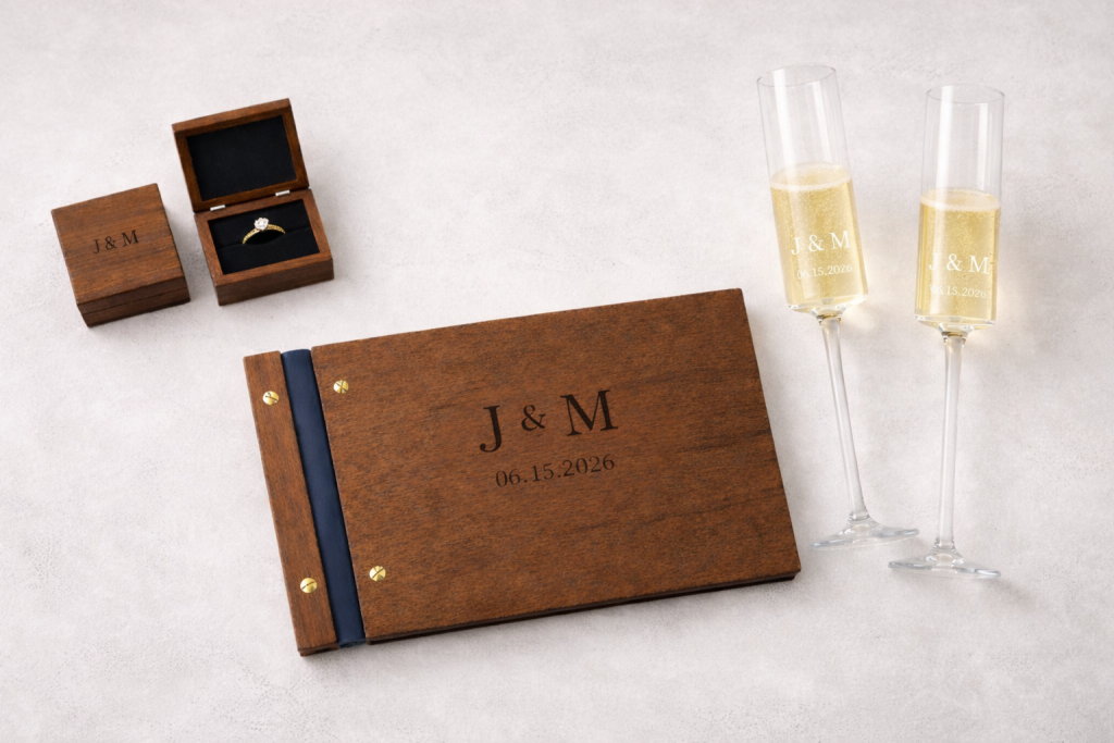 Custom engraved walnut photo guest book for wedding with engraved champagne flutes and engraved ring boxes in Turlock California